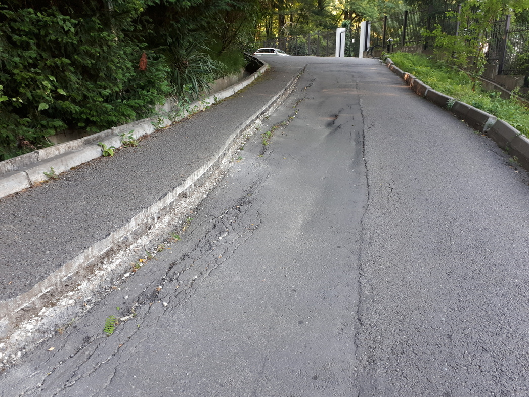 На улице, которая ведет к Тисо-cамшитовой роще, просел асфальт. 