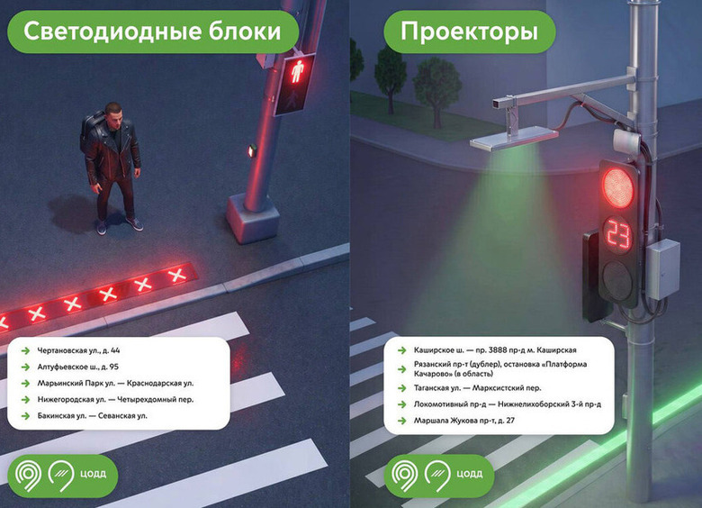 На пешеходных переходах в Москве появились светодиодные блоки и проекторы